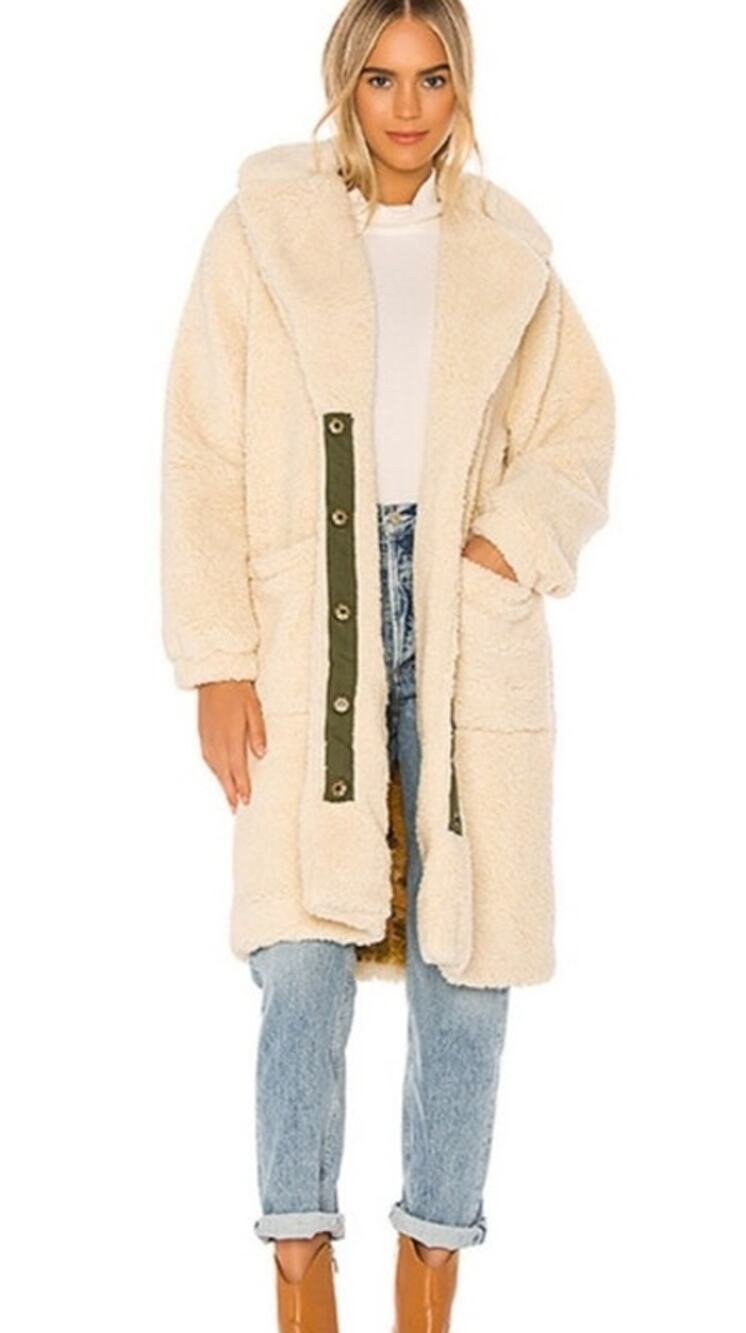Free People Womens Tessa Oatmeal Teddy Sherpa Oversized Ivory Coat Size Small